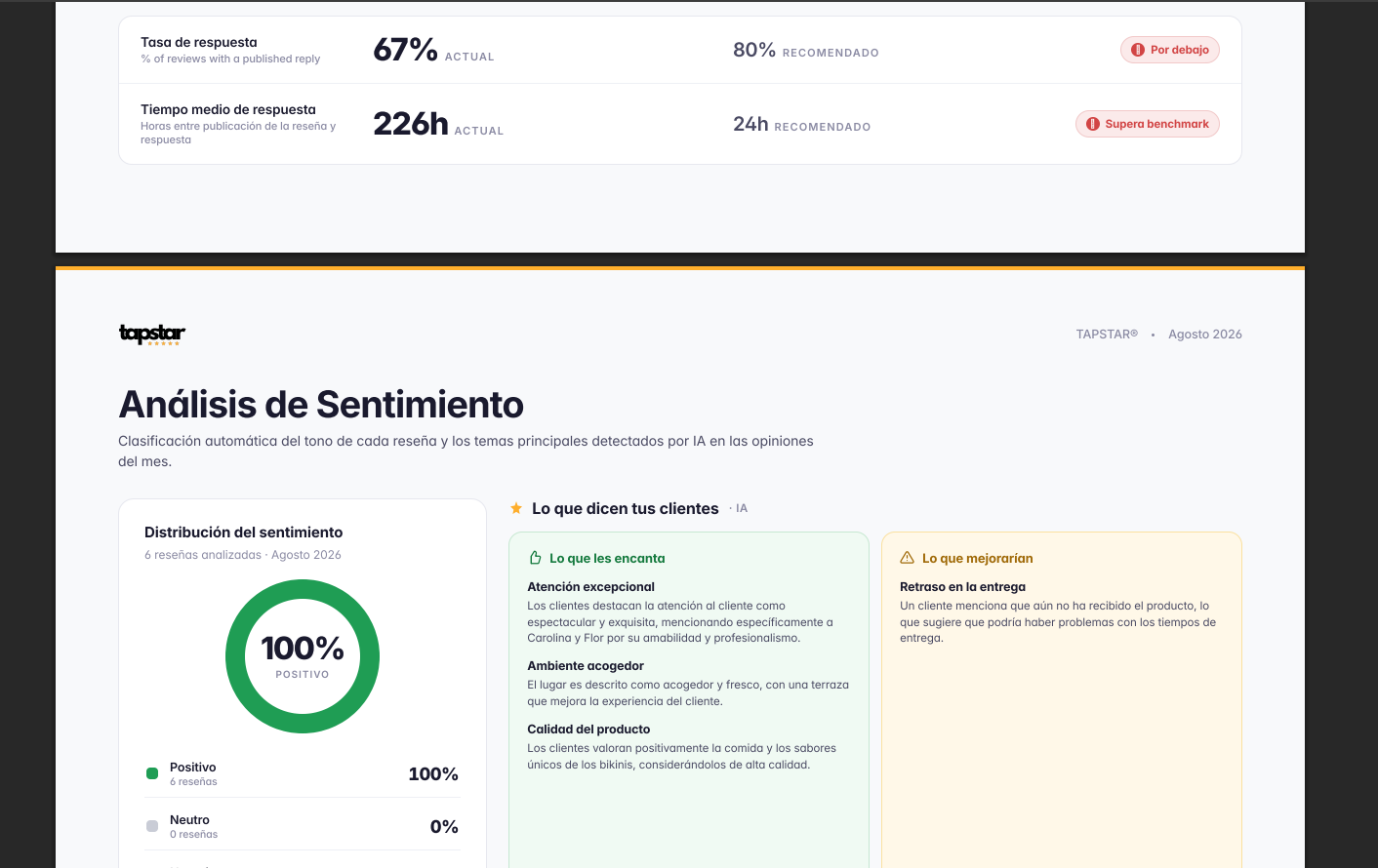 A page of the monthly PDF report: the reply rate and average time against their recommended figures, and the sentiment analysis with what customers like and what they would improve.