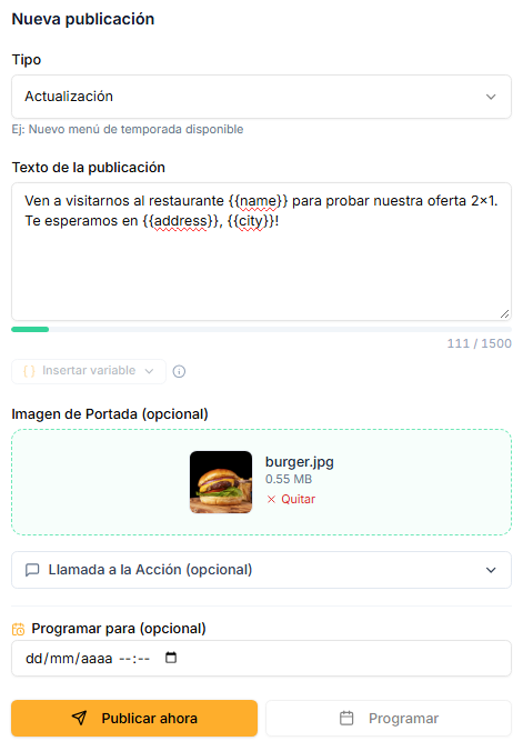 The new post form with variables in the text — {{name}}, {{address}} and {{city}} — and the cover image attached.