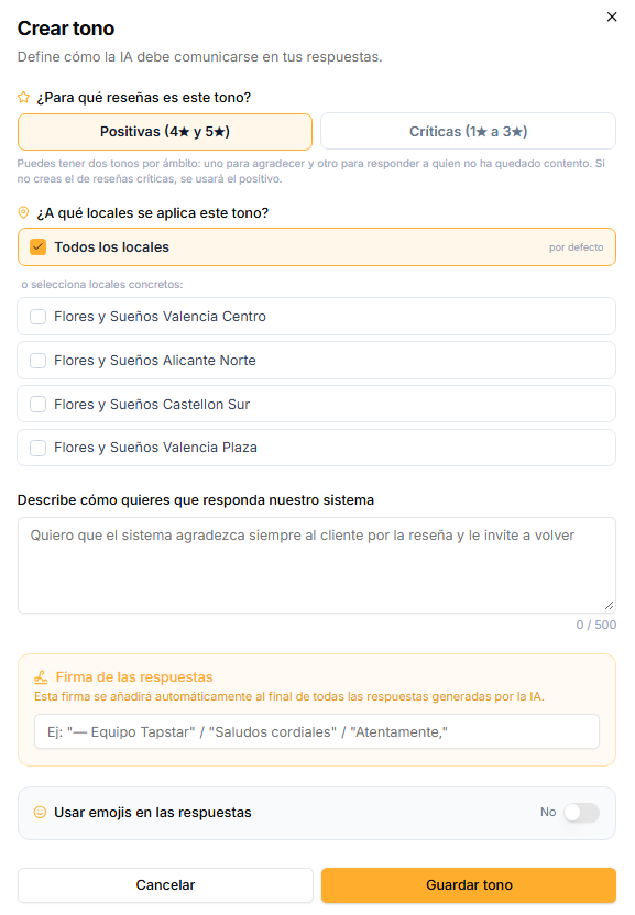 The create-tone dialogue: you choose whether it applies to positive or critical reviews and to which locations, with the all-locations option ticked.